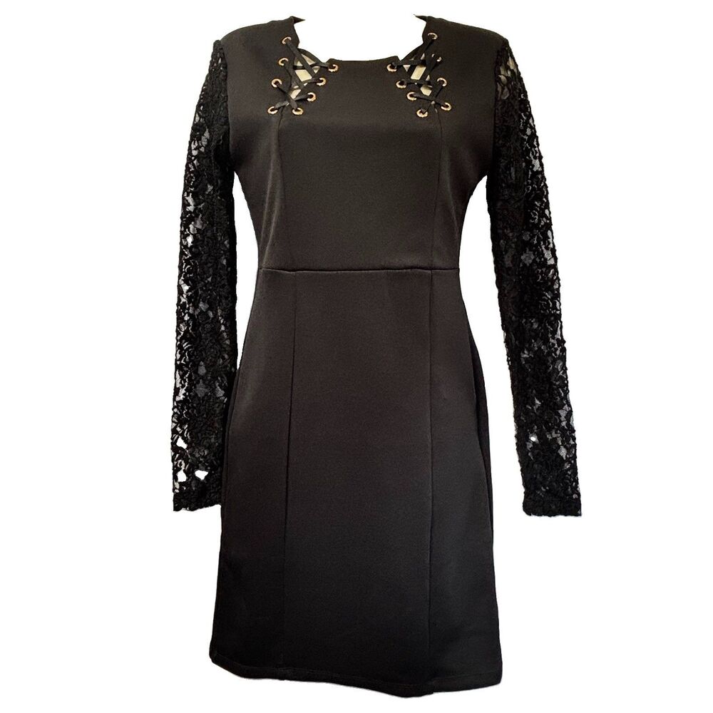 Romeo And Juliet Black Lace Sleeves LBD Dress Bodycon Lace Neck Zipper Small NWT